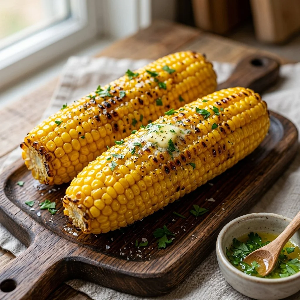 Air fryer corn on the cob, a delicious summer side dish.