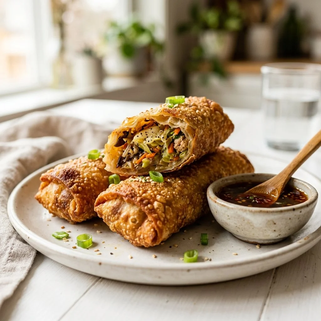 Crispy air fryer egg rolls served on a plate with dipping sauce