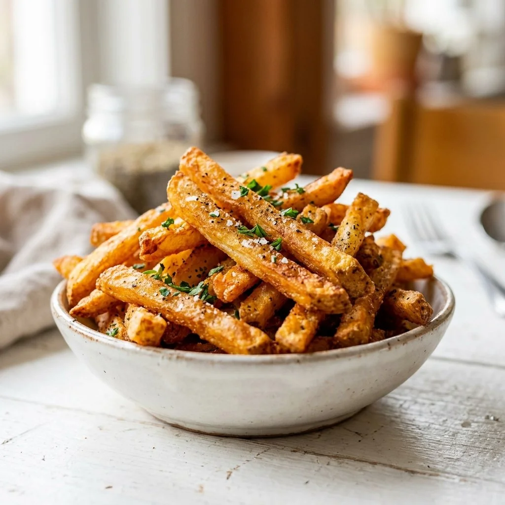 Crispy air fryer fries served in a bowl, showcasing golden brown texture.