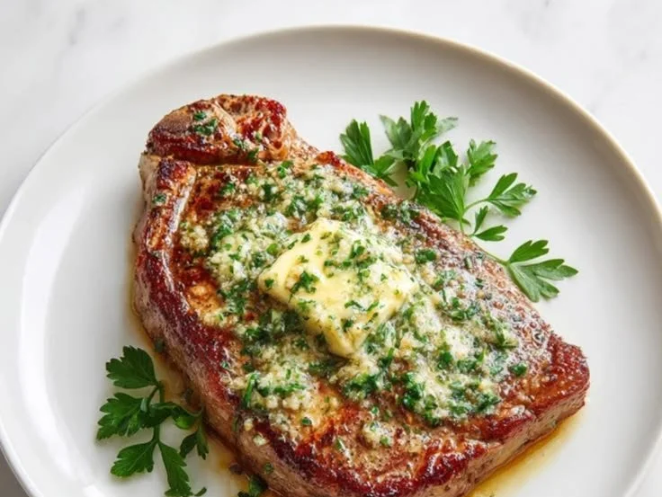 Delicious air fryer garlic butter steak served on a plate