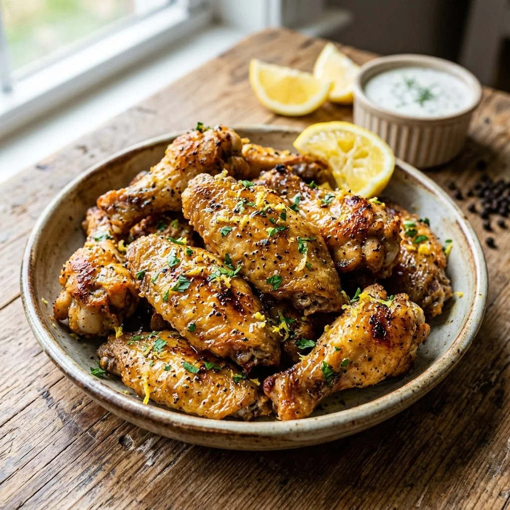 Air fryer lemon pepper wings cooked to perfection, served on a plate.