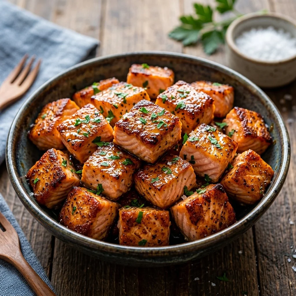 Crispy air fryer salmon bites served on a plate with dipping sauce.