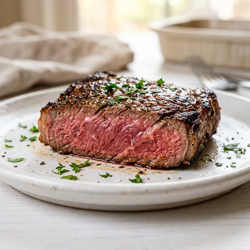 Perfectly cooked air fryer steak with seasoning on a plate