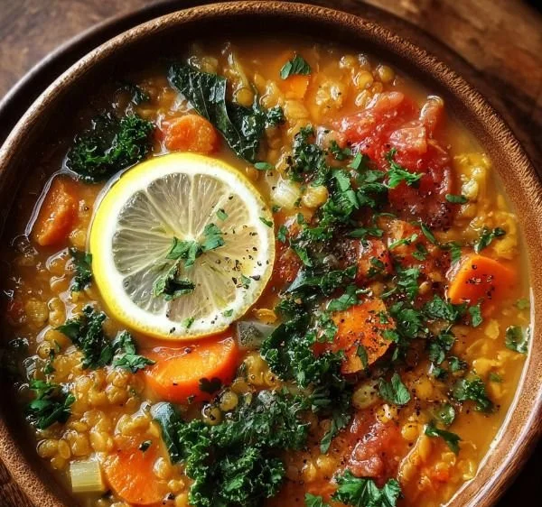 Bowl of anti-inflammatory golden lemon lentil soup garnished with herbs.