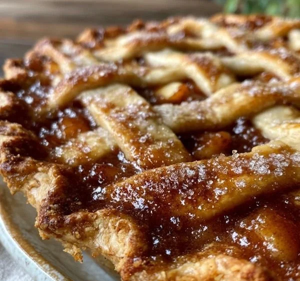 Slice of apple butter pie topped with cinnamon sugar on a plate