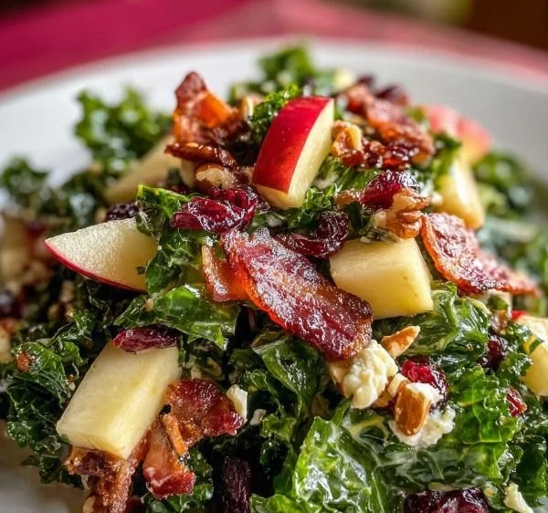 Apple Cranberry Bacon Kale Salad with fresh ingredients in a bowl