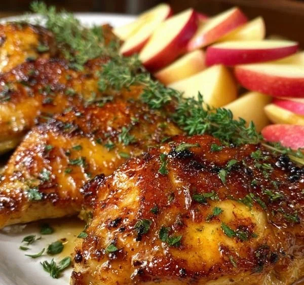 Delicious Apple Maple Chicken served with apple slices and maple glaze