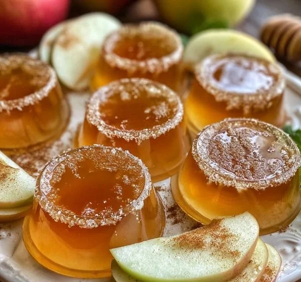 Delicious Apple Pie Jello Shots ready for serving in festive cups.