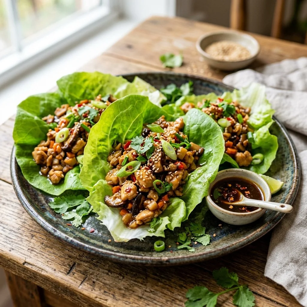 Delicious Asian Chicken Lettuce Wraps served on a plate with fresh ingredients.