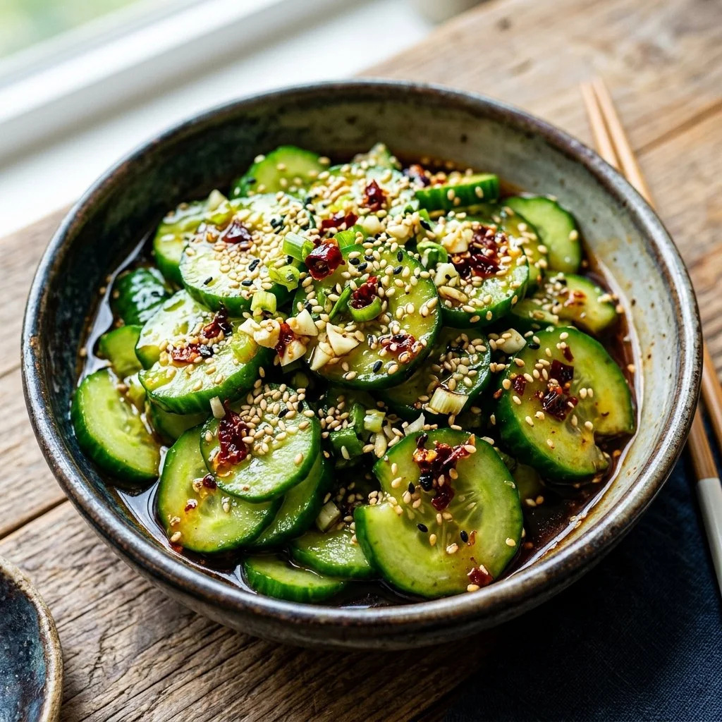 Bowl of vibrant Asian cucumber salad with sesame dressing and fresh herbs