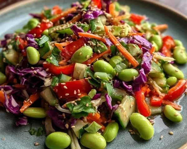 Delicious Asian Edamame Salad with colorful vegetables and dressing