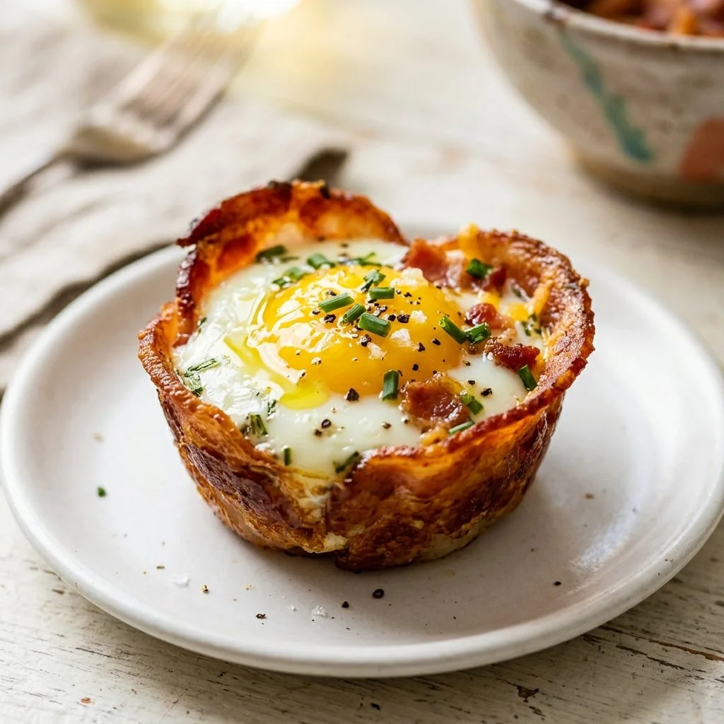 Bacon and Egg Cups baked in muffin tin, perfect for breakfast or brunch recipes.