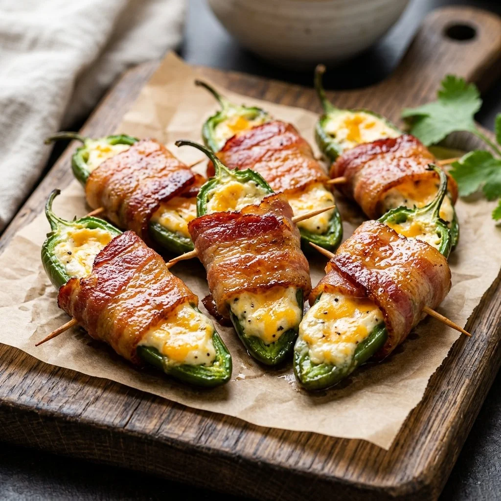 Bacon wrapped jalapeno poppers appetizer on a plate