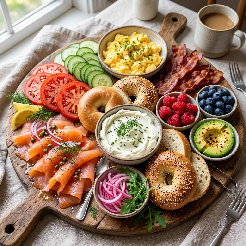 Delicious bagel breakfast board with toppings and sides for a perfect morning meal