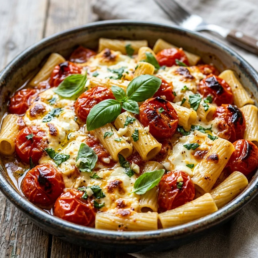 Baked feta pasta dish topped with cherry tomatoes and fresh basil