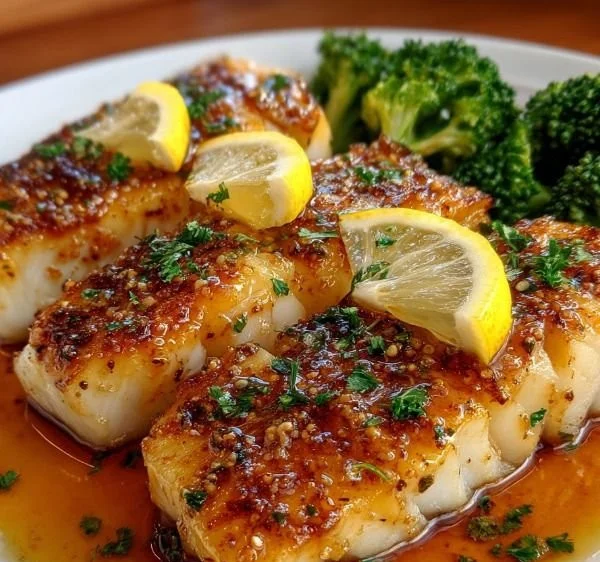 Baked Honey Cod dinner, beautifully plated with herbs and honey glaze.