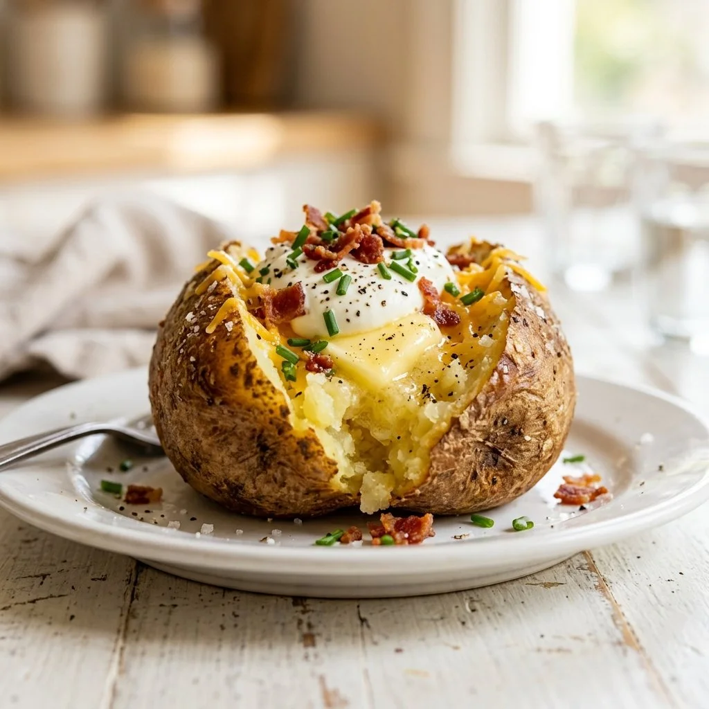 Deliciously fluffy baked potato with toppings on a plate