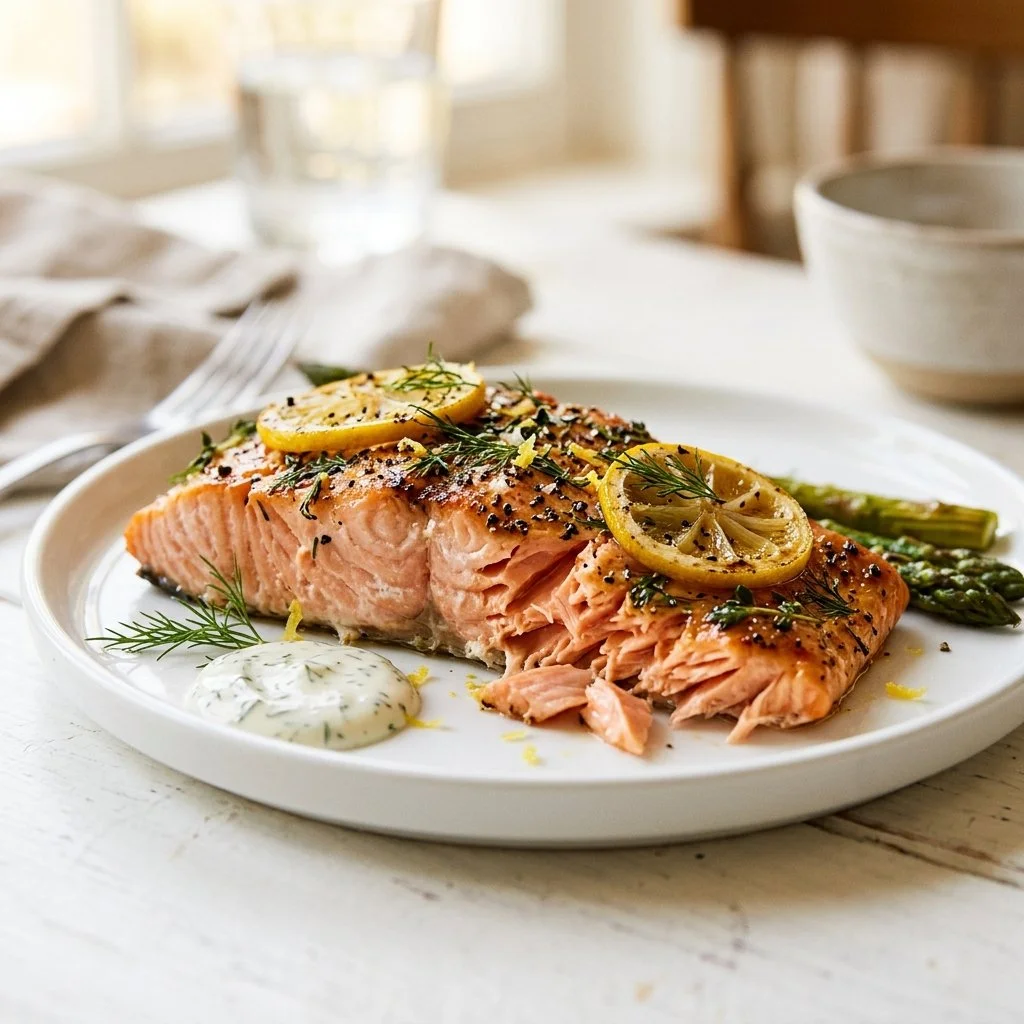 Perfectly baked salmon fillet with herbs and lemon on a plate