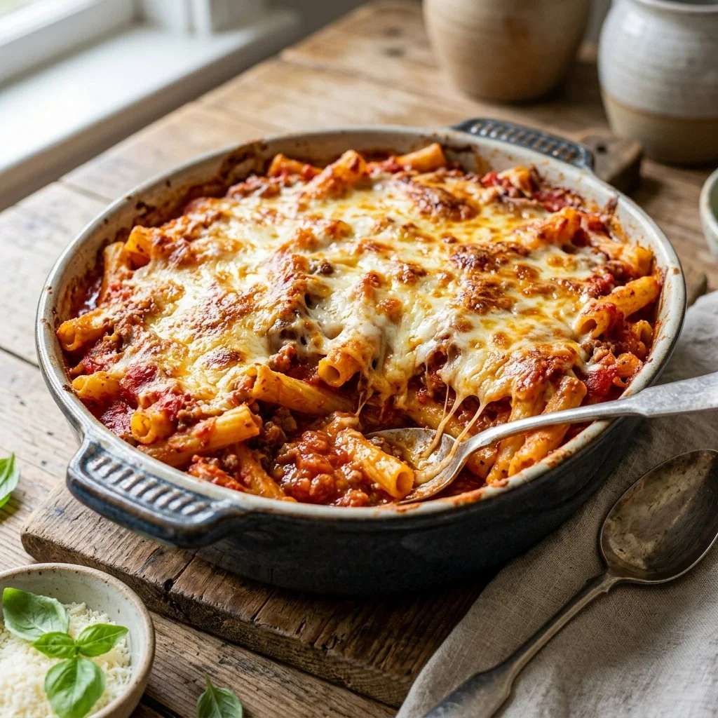 Delicious baked ziti topped with melted cheese and herbs in a casserole dish.