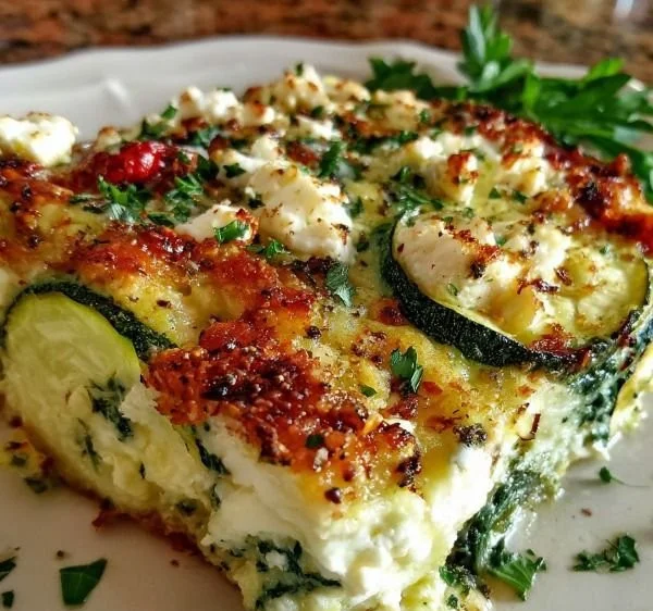 Baked zucchini spinach and feta casserole topped with cheese in a baking dish