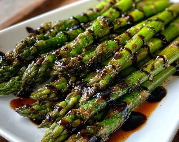 Balsamic roasted asparagus on a serving plate, garnished with fresh herbs