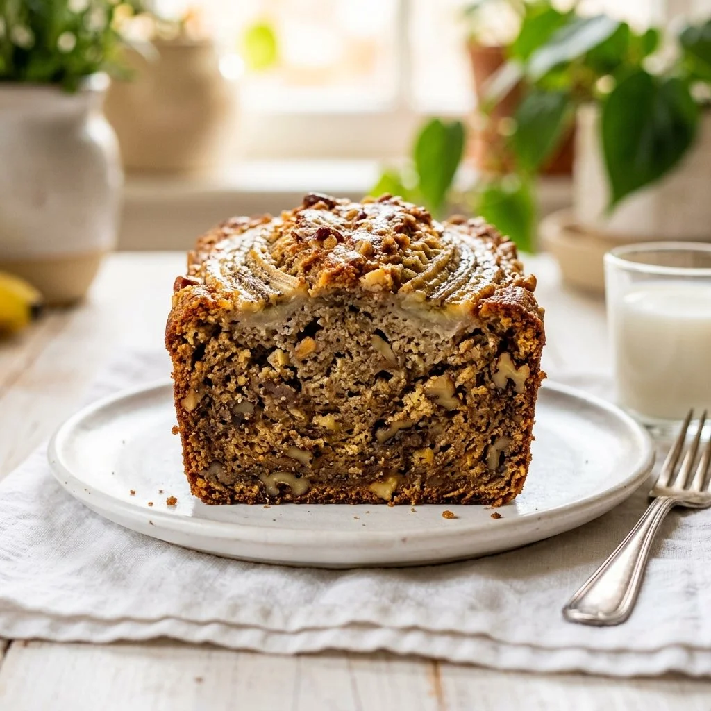 A slice of homemade banana bread with nuts on a wooden table