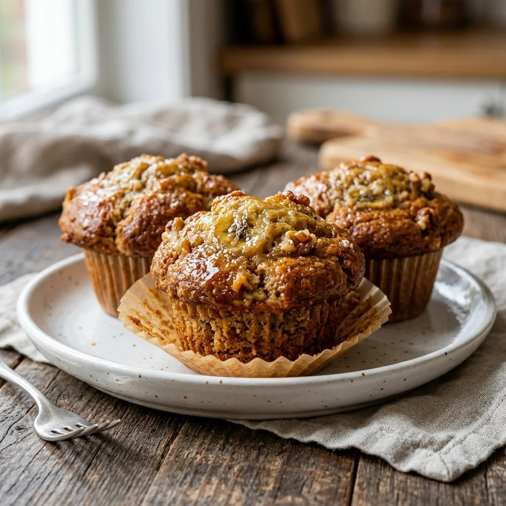 Freshly baked Banana Bread Muffins on a cooling rack