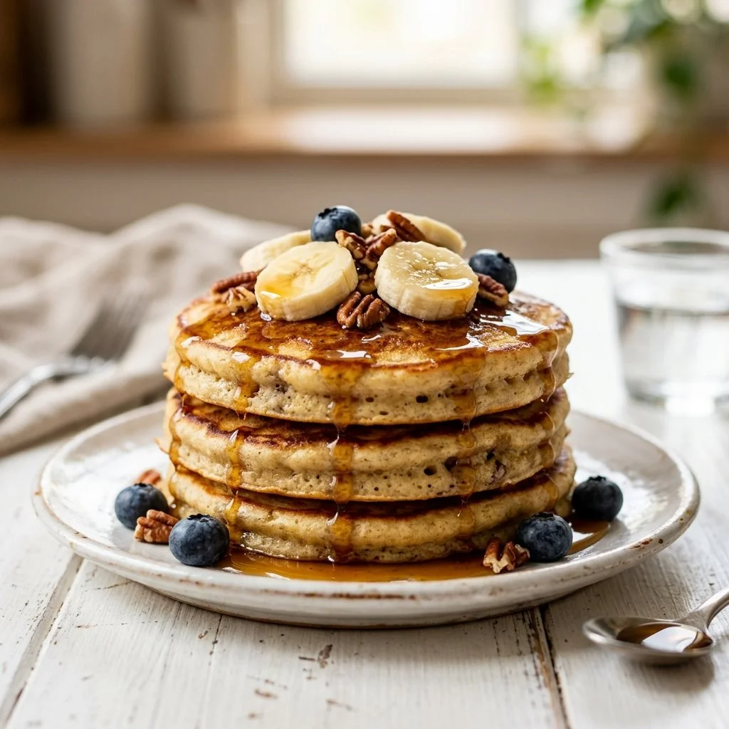 Delicious stack of golden banana pancakes topped with fresh bananas and syrup