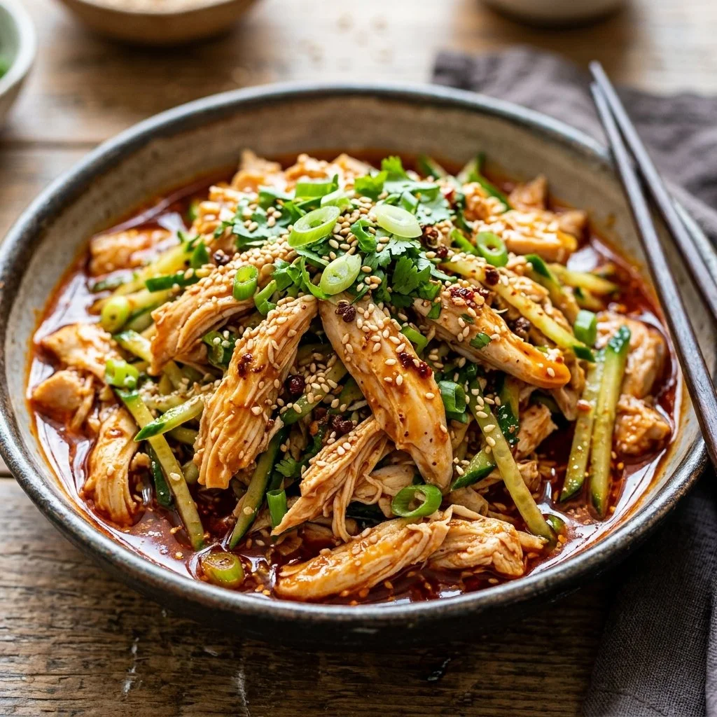 Plate of spicy Bang Bang Chicken garnished with green onions