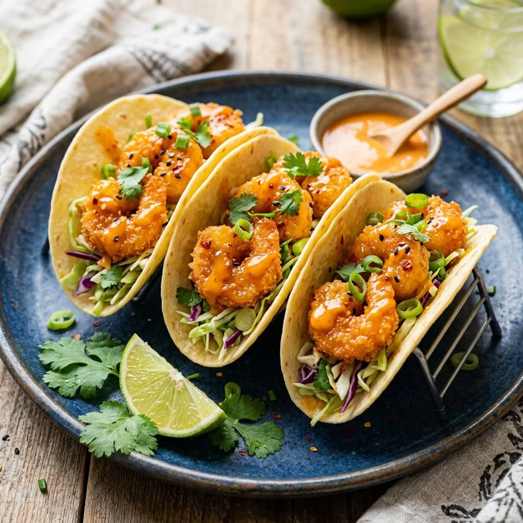 Plate of Bang Bang Shrimp Tacos garnished with fresh herbs and lime wedges