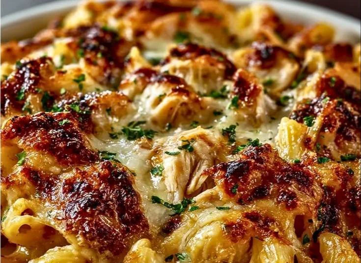 Plate of creamy barbecue chicken mac and cheese topped with herbs