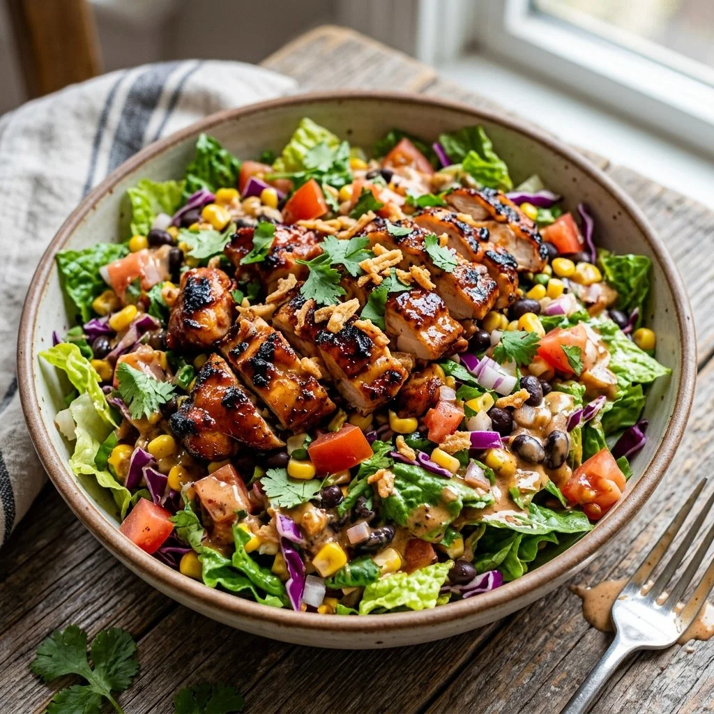 BBQ chicken chopped salad with fresh ingredients and dressing