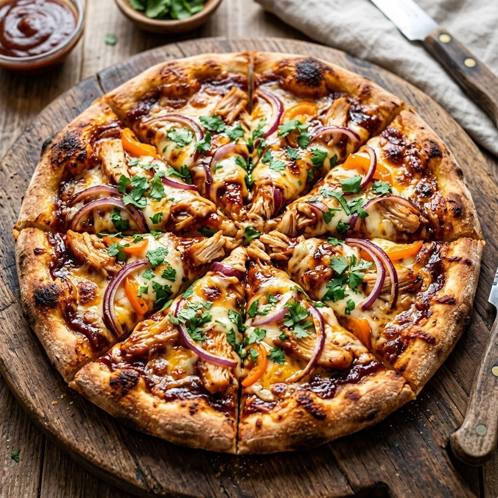 Delicious BBQ Chicken Pizza topped with chicken, BBQ sauce, and cheese.