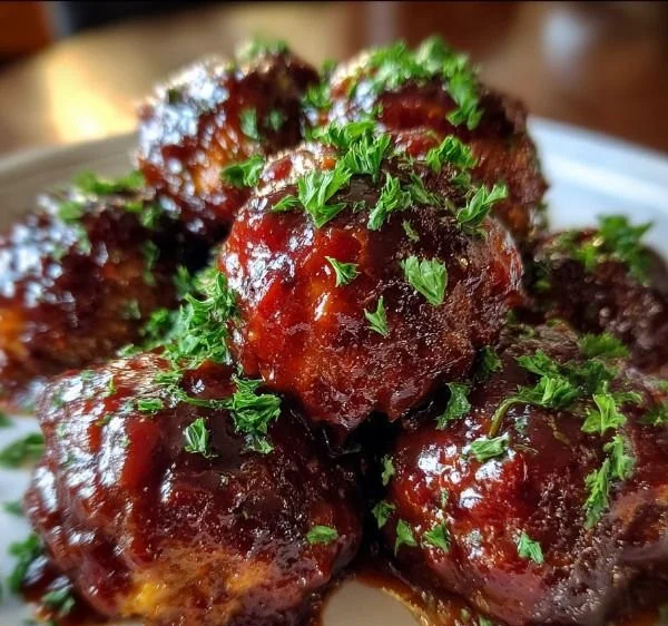 Delicious BBQ meatballs cooked in a slow cooker, served on a platter.