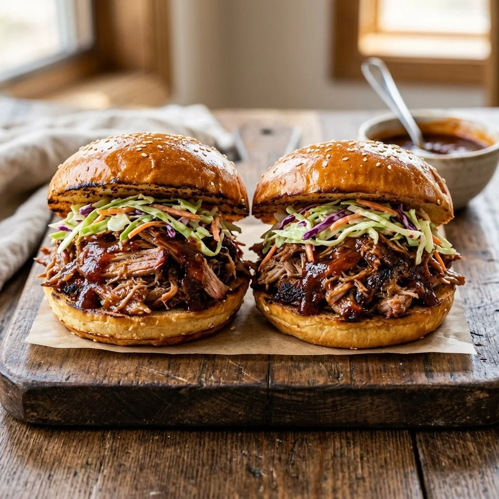 Delicious BBQ pulled pork sandwiches with coleslaw and pickles