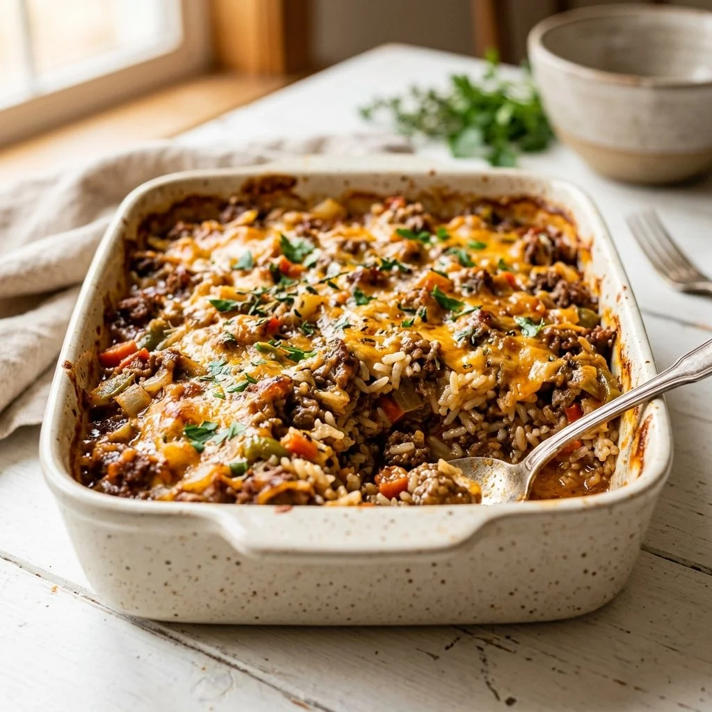 Delicious Beef and Rice Casserole served in a baking dish.