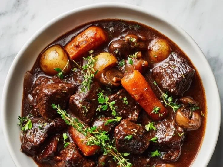 Delicious Beef Bourguignon simmering in a pot with vegetables and herbs.
