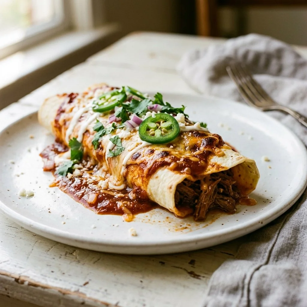 Delicious beef enchiladas topped with cheese and fresh ingredients
