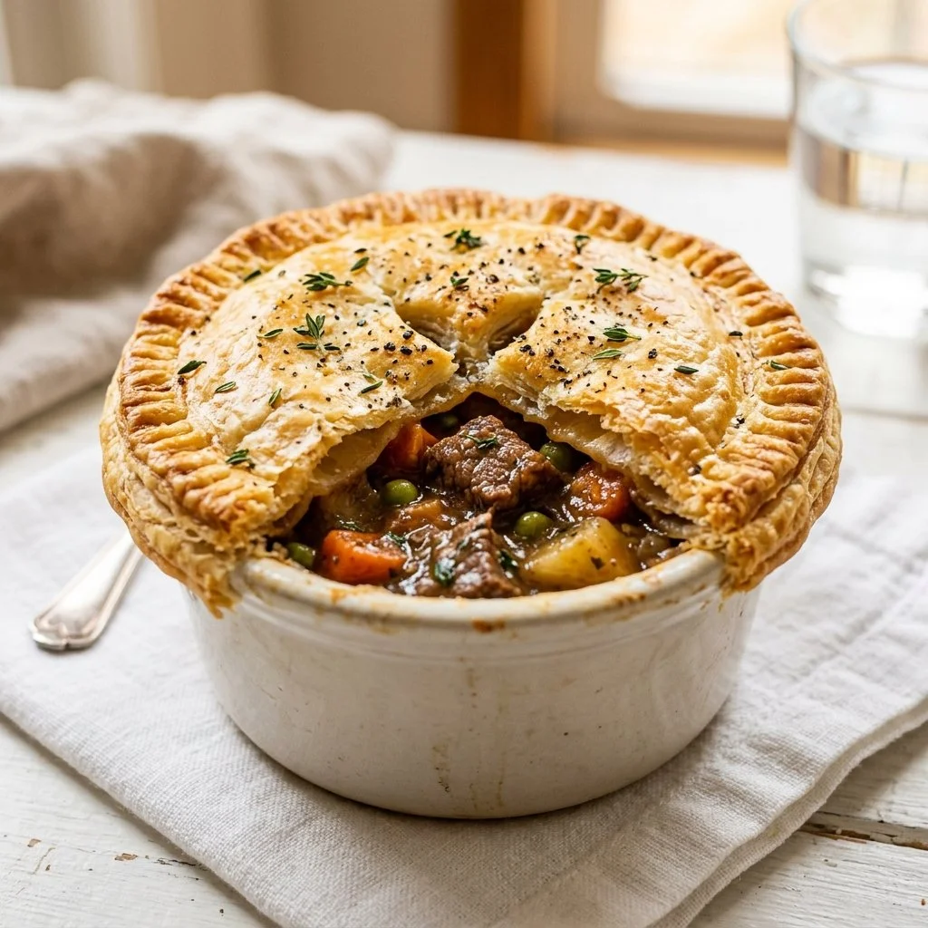 Delicious Beef Pot Pie with flaky crust and savory meat filling.