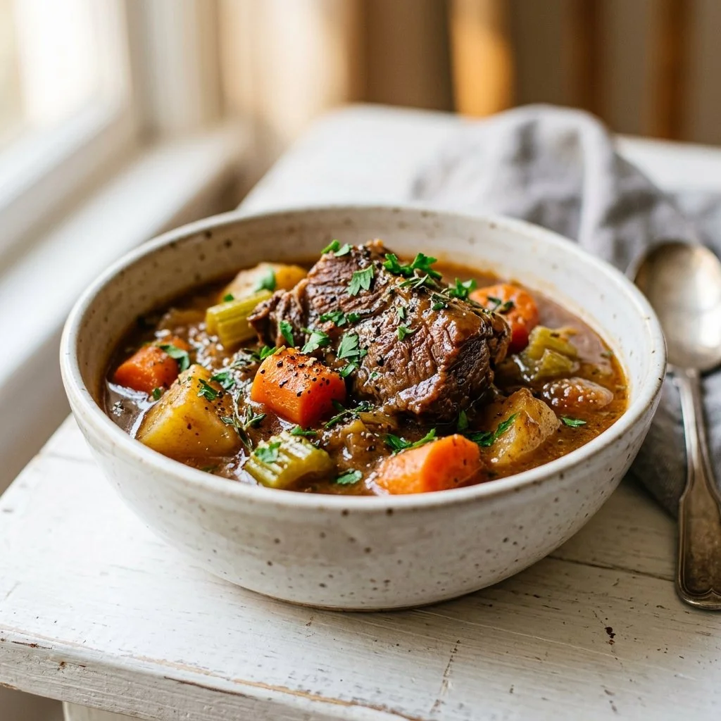 Hearty beef stew simmering in a pot with vegetables and herbs