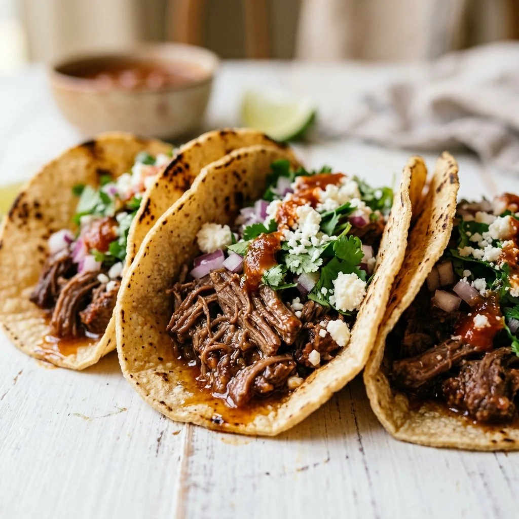 Plate of delicious beef tacos with fresh toppings and spices