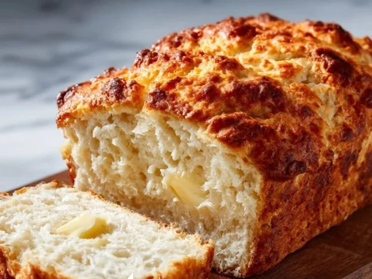 Homemade beer bread loaf with golden crust and fluffy interior