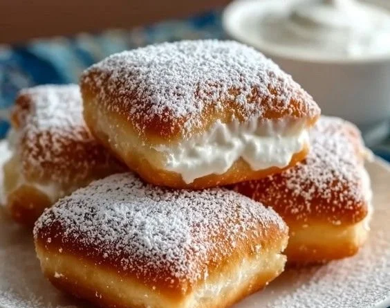 Delicious vanilla beignets dusted with powdered sugar on a plate
