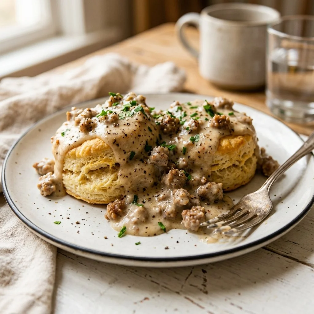 Delicious biscuits and gravy served in a bowl, perfect for breakfast.