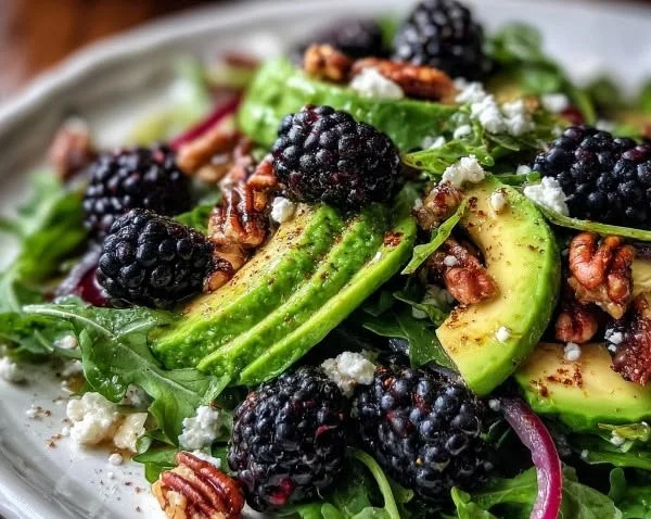 Fresh Blackberry Avocado and Arugula Salad served in a bowl