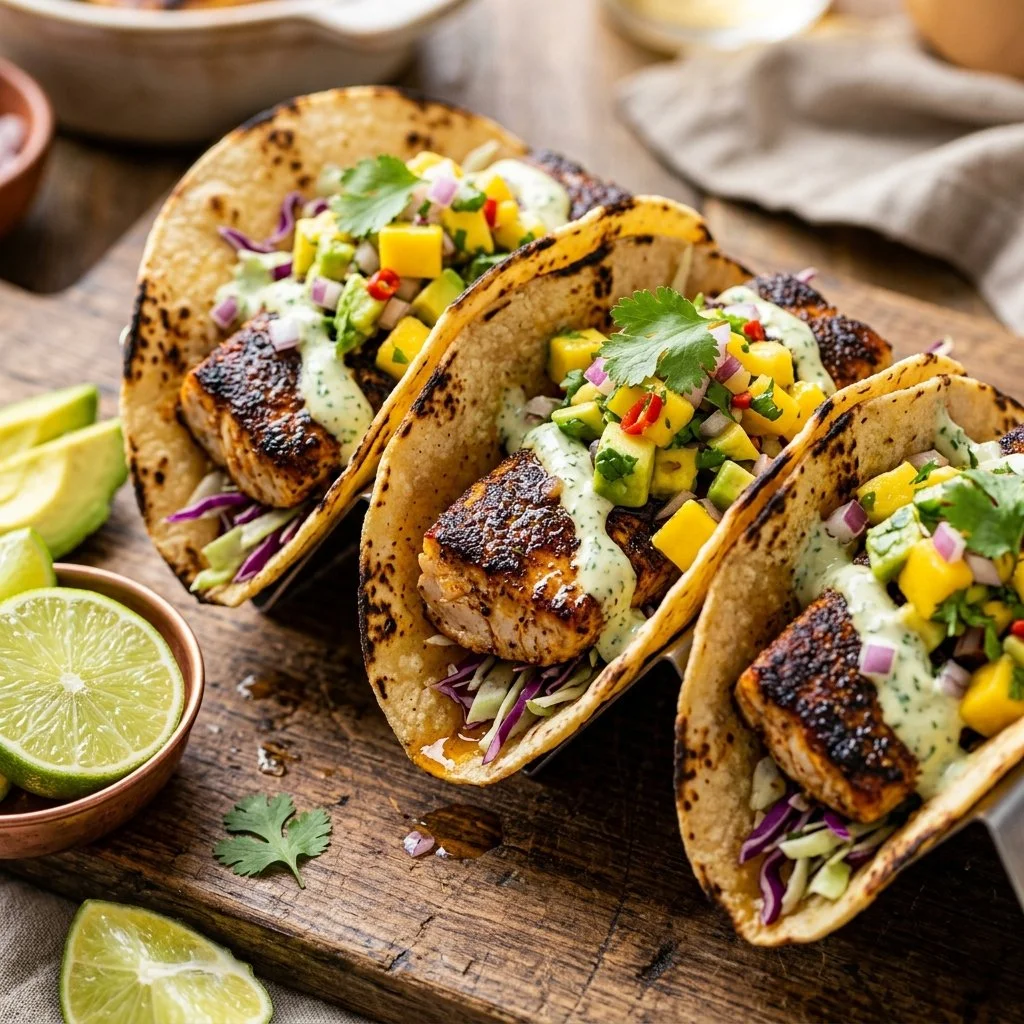 Delicious blackened Mahi Mahi tacos topped with fresh ingredients