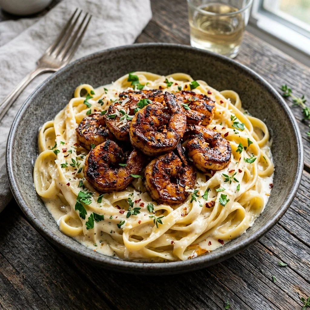 Plate of Blackened Shrimp Alfredo garnished with parsley