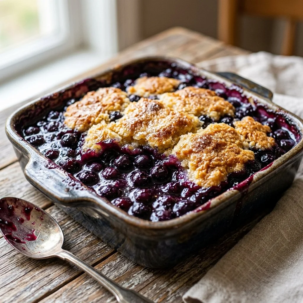Delicious homemade blueberry cobbler with fresh blueberries and crumbly topping