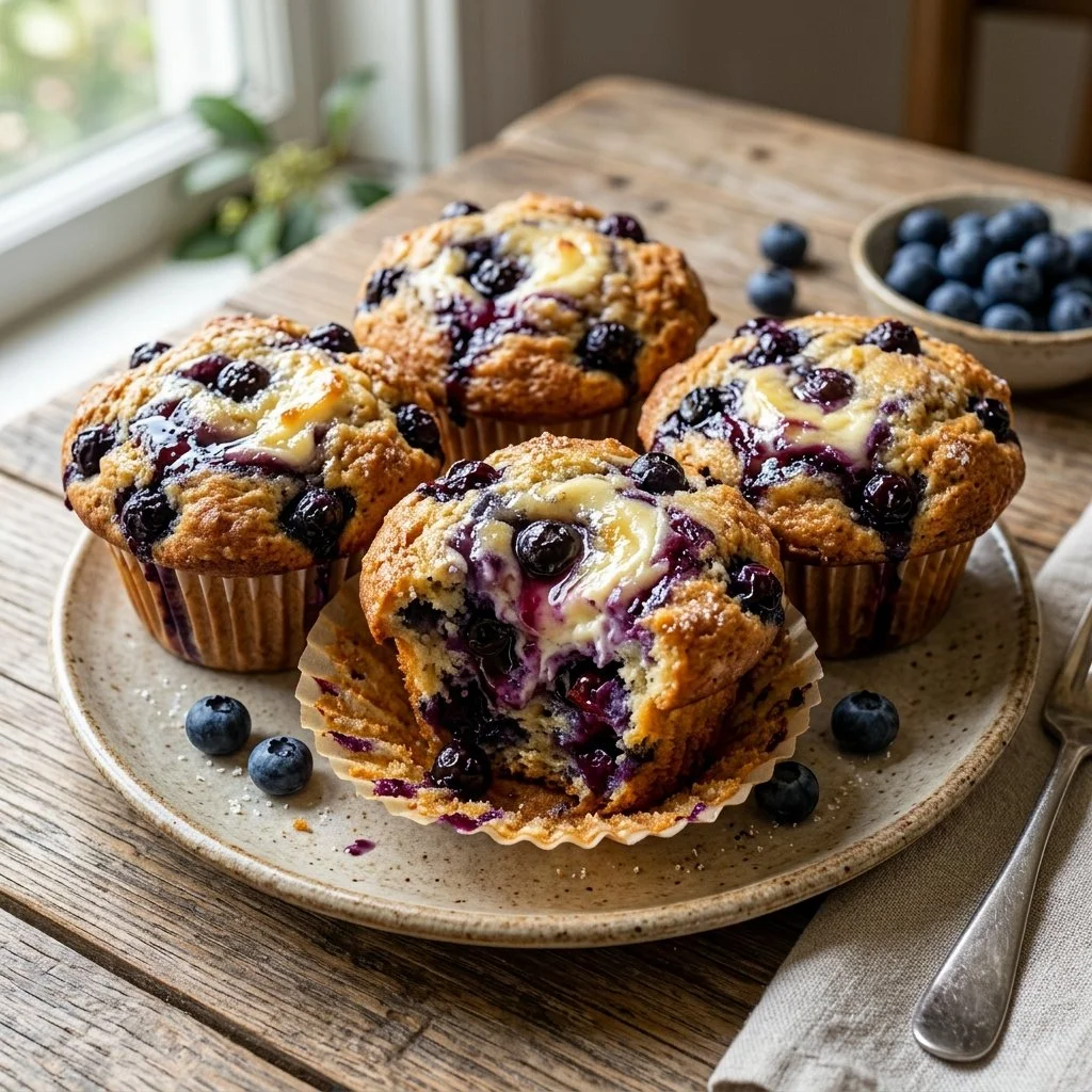 Freshly baked blueberry cream cheese muffins on a cooling rack
