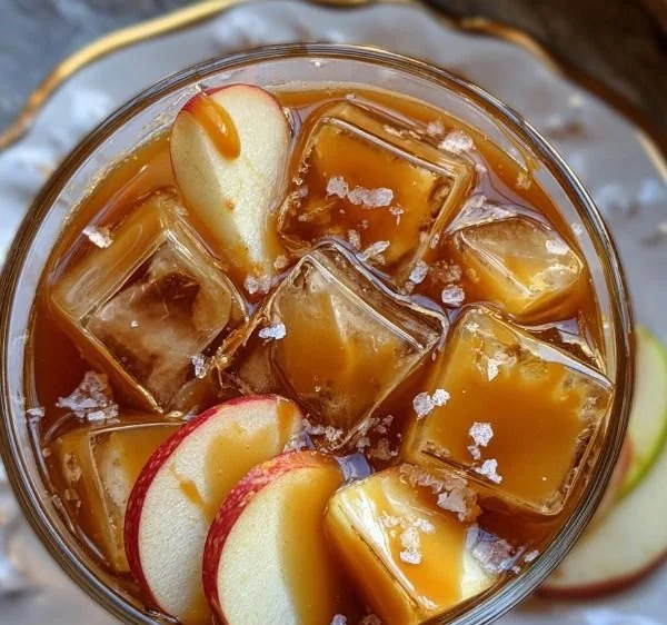 Boozy salted caramel apple cocktail served in a glass with caramel drizzle